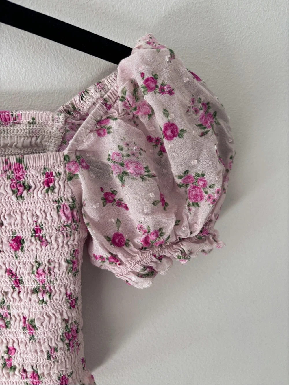 KatieJ NYC floral smocked crop top puff shirt girls small cream pink